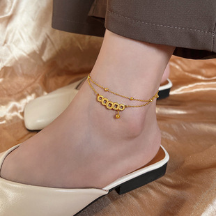 Titanium steel double-layer chain copper coin pattern pendant retro color retaining anklet women's Chinese style niche foot chain does not fade