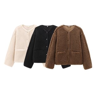 6856-autumn new women's European and American style round neck long sleeve Mao Mao solid color coat women's