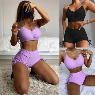 [European and American New Swimsuit Women] Split High Waist Boxers Drawstring Design Tight Slim Amazon Swimsuit Women
