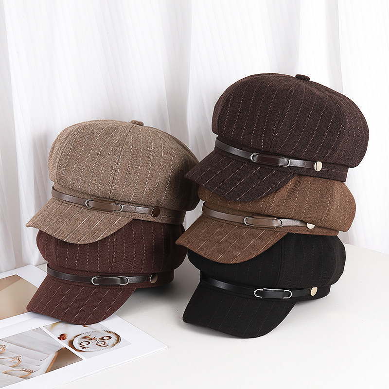 British-style dark retro octagonal hat for women with belt buckle, beret that makes the face look smaller, versatile and sophisticated artistic hat