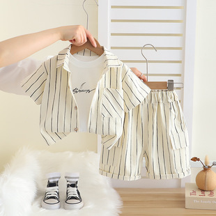 Five small seven children's clothing 2025 summer new 0-4 years old children boys and girls vertical stripe solid color shirt 3-piece set