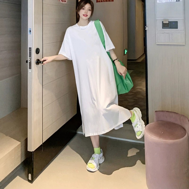 여름 한국 스타일 반팔 여자의 긴 원피스 느슨한 플러스 사이즈 무릎 위 슈퍼 롱 심플 캐주얼 단색 홈 원피스