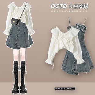 Spring suit women's 2024 new wear design sense age-reducing bubble sleeve shirt women's denim skirt two-piece set