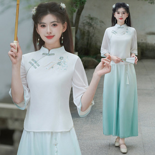 Good quality Chinese style spring and summer cotton and linen half sleeve embroidered stand collar slim fit vintage tea dress chiffon skirt work suit