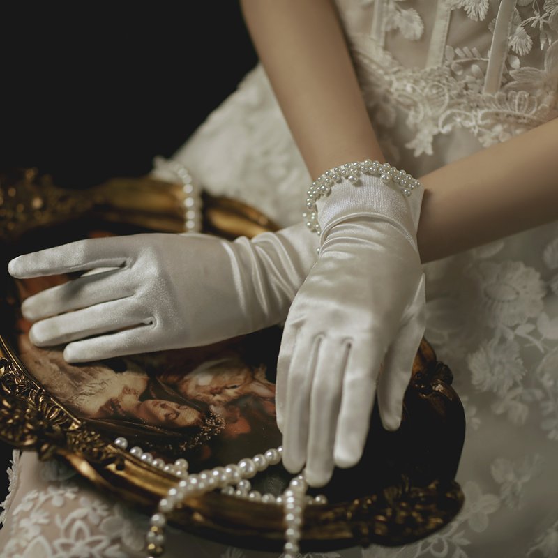 Lace Bridal Gloves White Thin Style for Women Spring Autumn Summer Photo Shoot Korean Wedding Dress Fairy-Like Pearl Wedding Gloves