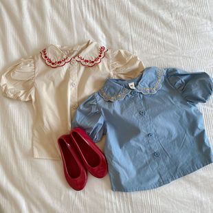 Wheat field season 23 summer new Korean girls cotton embroidered doll collar short sleeve shirt children's cotton T-shirt top