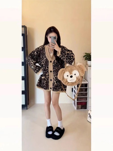 High-grade Leopard Color-block Lazy Knitted Cardigan Autumn and Winter Tassel New Loose plus size Mid-length Sweater Jacket