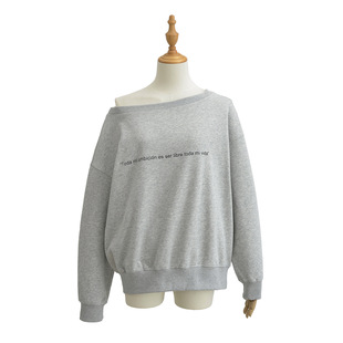 Slant shoulder loose silhouette sweater retro casual design off-shoulder top S21060