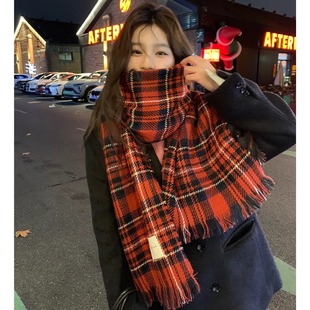 Red Plaid Christmas Scarf for Women in Winter Korean Style High-End Versatile Scarf Student Couple Thickeneded Warm Shawl