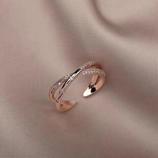 Rose gold ring female cross simple zircon fashion personality light luxury cold style open adjustable gift for girlfriend