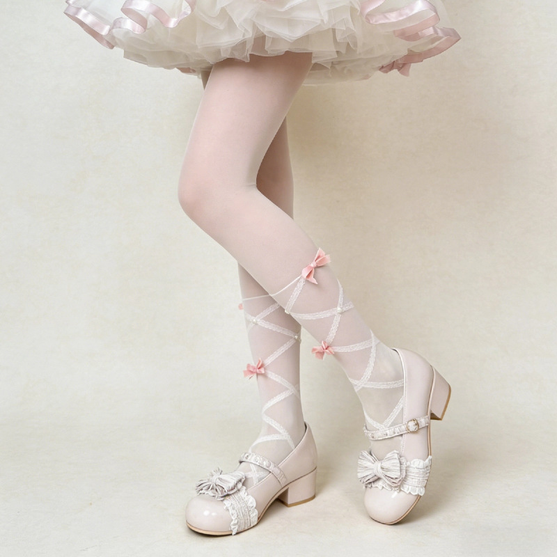 Lolita Cross-Tie Bow Stockings for Women, Thin, Translucent, Over-The-Knee Stockings, Long Stockings, Spring and Summer Anti-Snag Stockings