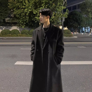 Woolen Coat Men's Mid-Length Over-the-Knee Black Autumn and Winter fleece-lined Thickened Woolen Coat Ins Trendy Korean Trenchcoat