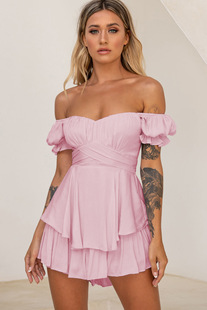 in stock wholesale jumpsuit solid color fashion sexy one-word collar lantern lotus leaf sleeve casual summer women's short pants