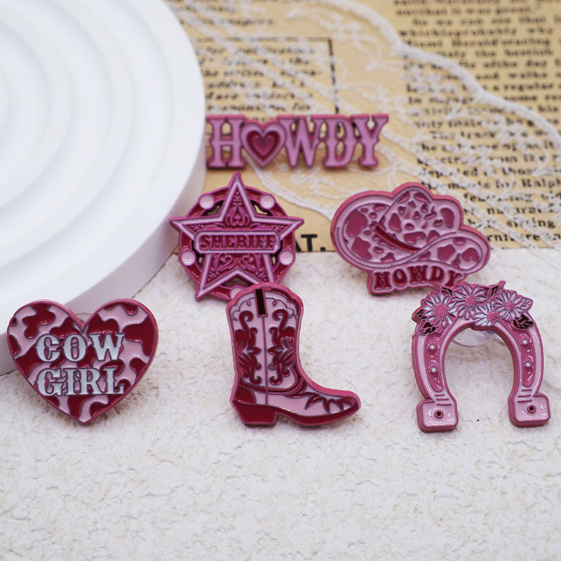 Creative Pink Heart Shape Western Cowboy Alloy Brooch Jewelry Fun English Letter Series Geometric Shape