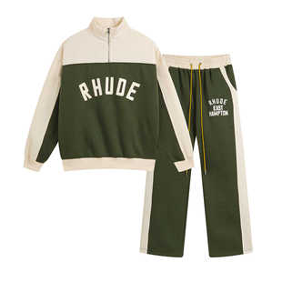 Beautiful Trendy Rhude Zipper Colorblock Letter Printed fleece-lined Collar Sweat Men's and Women's Loose Casual Pants suit