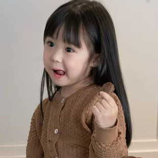 Children's wig female long straight hair neat bangs baby photo simulation long hair high temperature silk mechanism headgear factory outlet