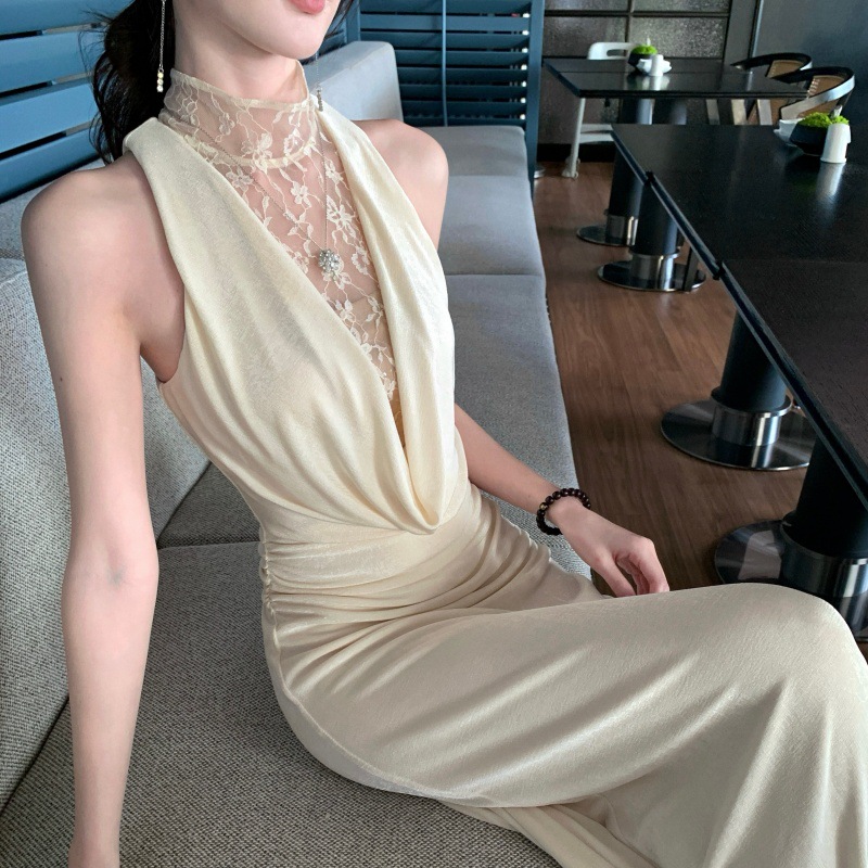 Sexy Lace Mesh Splicing V-Neck Suspender Dress for Women, New Spring Style, Elegant and High-End, Hip-Hugging Long Dress
