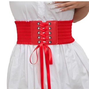 In stock women's waist tassel lace-up slimming belt lace wide waist bow fashion decorative belt