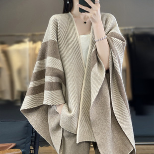 Heavy European 100 Pure Wool Knitted Shawl Women's Lazy Thickened Contrast Color Cape Cardigan Outer Warm Scarf