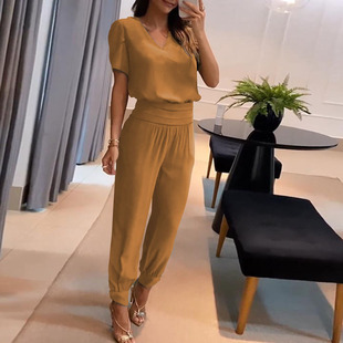 Cross-border European and American Women's 2023 New Fashion Casual V-neck Printed Short-sleeved Pants Set Two-piece Set