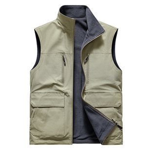 Spring and Autumn Fleece-Lined Reversible Vest for Men, Outdoor Sports Warm Vest, Waistcoat, Workwear, Multi-Pocket Vest Jacket