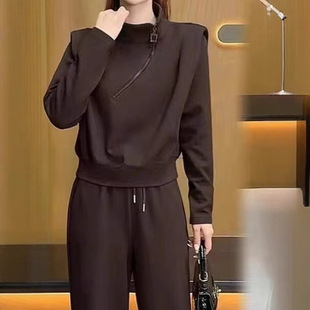 Cross-border Design Sense Casual Sports suit Women's Autumn New Western Style Age-reducing Vertical Collar Sweat Wide-leg Pants Two-piece Set