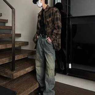 Vintage American Plaid Shirt Men's High-end Japanese Style Retro Plaid Shirt Couple Outwear Spring Brown Cotton