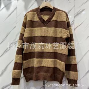 2022 Autumn and Winter Retro Niche Design Sense Color-matching Striped Loose Crewneck College-style Casual Sweater Women's Base Shirt