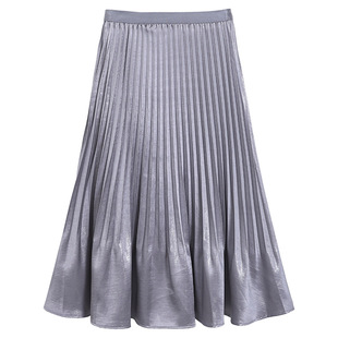 Fei Yuan Early Spring New Women's A- line Pleated Skirt Streamed Satin Solid Color All-match Large Swing Skirt for Women