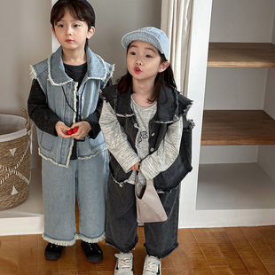 Jiaye Children's 2025 Spring New Hair Denim Vest for Boys and Girls Baby Loose Straight Pants Two-piece Set