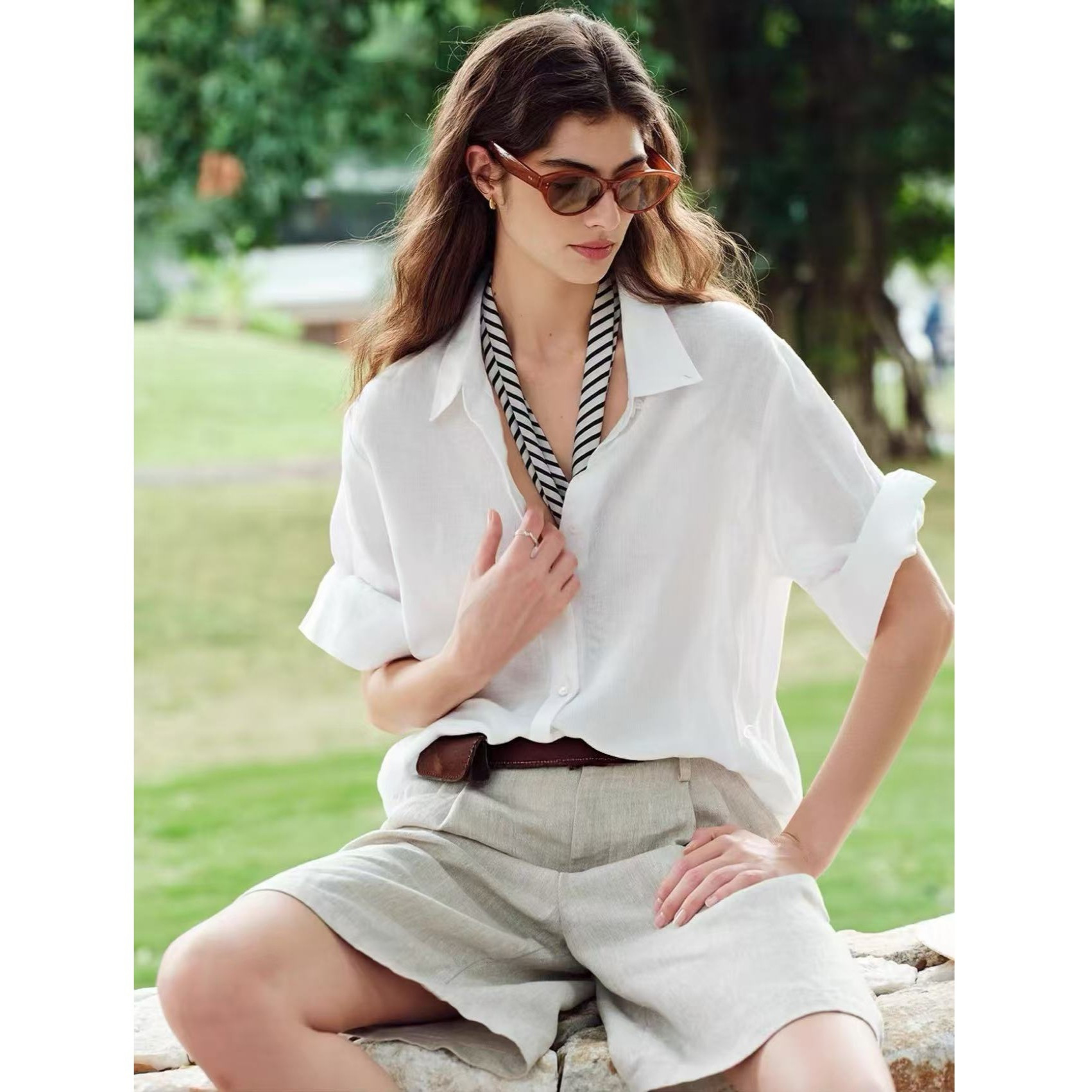 【French Linen】Old Money Style White Linen Short Sleeve Women's Shirt 26 Summer Square Collar High-End Top