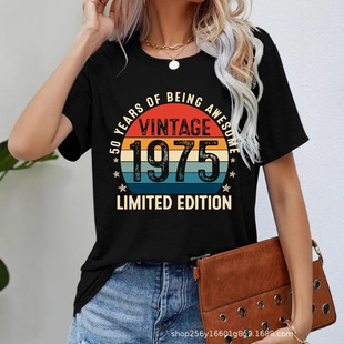 Vintage 1975 хлопчатобумажная футболка с короткими рукавами для мужчин и женщин для внешней торговли Трансграничный минималистский большой размер круглый вырез топ
