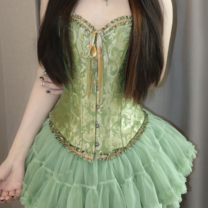 Jacquard Outerwear Fishbone Corset Bustier Top with Steel Buckle Straps Paired with a Horse-Faced Skirt, New Chinese Style, Waist-Cinching, Sexy
