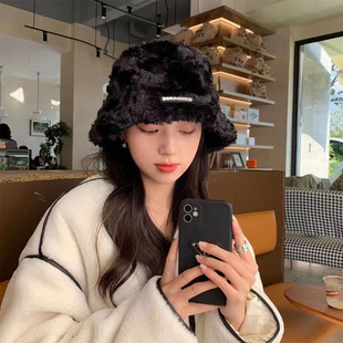 Korean Style Plush Letter Fisherman Hat Women's Winter Warm Ear Protection Basin Hat Sweet Color Thickened Internet Celebrous Slim-looking Hat for Adults