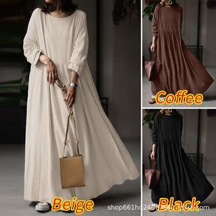 New Cross Border AliExpress Beautiful Fashion Solid Color Simple Cotton Linen Dress