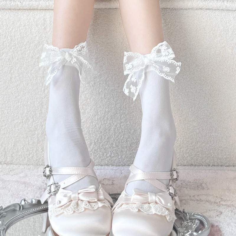 White Lace Flower Bow Calf Socks Lolita Velvet Mid-Calf Socks Trendy Pattern Pure Desire