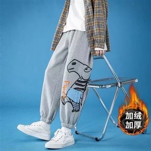 Fatty Japanese Style Cartoon Fleece-lined Sports Pants Men's Large Size Loose All-match Casual Pants Fashionable Autumn and Winter Pants