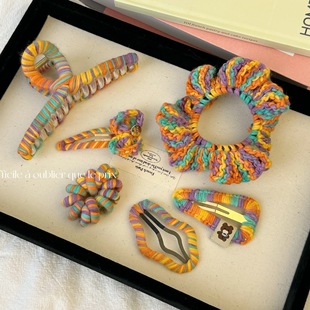 Rainbow wool woven hairpin female 2023 new back head hair grip BB clip headdress hair ring hair rope hair accessories