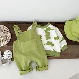Baby Clothes Spring and Autumn Sleeve Pants Ha Clothes Baby Cartoon Pullover Casual Sweatshirt Two-Piece Set Green Dinosaur suit
