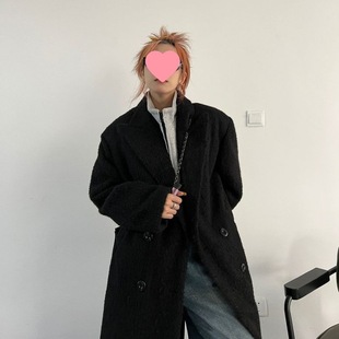 Black Woolen Coat Women's Autumn and Winter New Retro High-end British-style Thickened Loose Slimming Woolen Coat Trendy