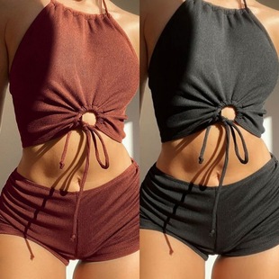 2025 New European and American Cross-border Boomers Bikini High Neck Hanging Neck Front Lace Conservative Split Swimsuit Bikini