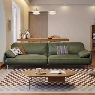 Dark Green Retro Matte Cowhide Sofa American Elephant Ear Straight Sofa Living Room Small Apartment Bedroom Straight Sofa