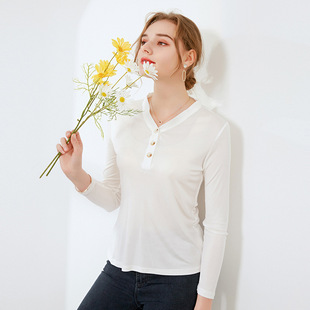 Autumn 2023 New Silk Long-sleeved T-shirt Women's Western-style Mulberry Silk Knitted Slim-fit Large Size Base Shirt V-neck Top