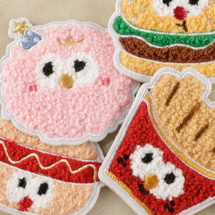Duo Cool Original Towel Embroidery Food Play Hamburger Fries Embroidery Sticker Chenille Accessories Self-adhesive Patch Cloth Sticker