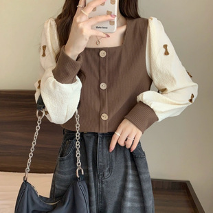 plus size French Square Collar Shirt Women's Wear Autumn Styish Slight Chubby Collarbone Short Stitching Fake Two-piece Top