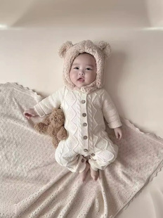 ins Korean style baby knitted jumpsuit spring and autumn baby clothes out Western style romper twist Diamond
