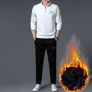 Winter new men's sweater suit fleece-lined thickened stand collar half zipper top trendy casual two-piece set