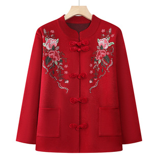Guofeng New Chinese Style Vertical Collar Knitted Sweater Mother's Coat Middle-aged and Elderly Grandma's Loose Casual Women's Clothes