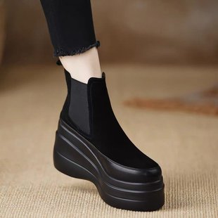 British Style Platform Thick Bottom Short Boots Women's Spring Autumn and Winter New High Height Slimming Platform High Heel Wedge Single Boots