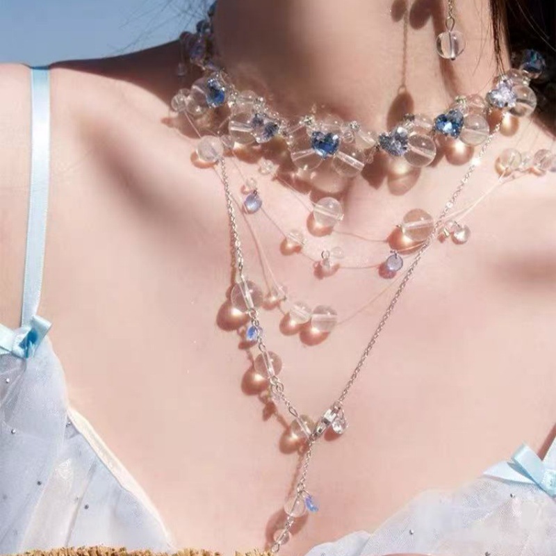 Zhu Xudan's Same Style·Aoba Blue Crystal Beaded Multi-Layered Tassel Stacked Necklace Women's Niche High-End Choker